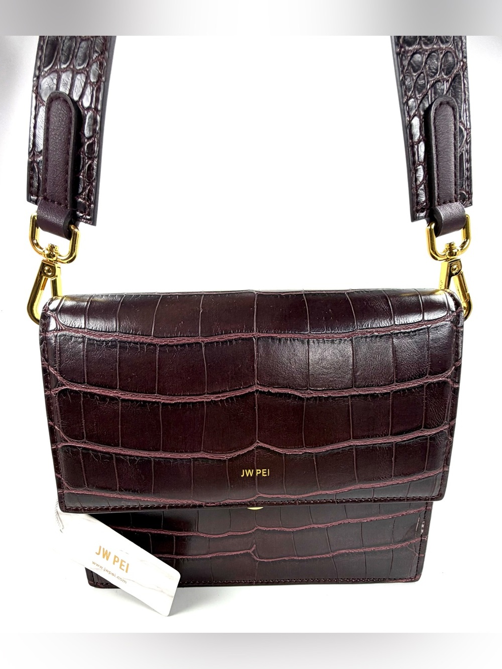 JW PEI Mini Flap Crossbody Bag Burgundy Croc Embossed Gold Hardware NWT